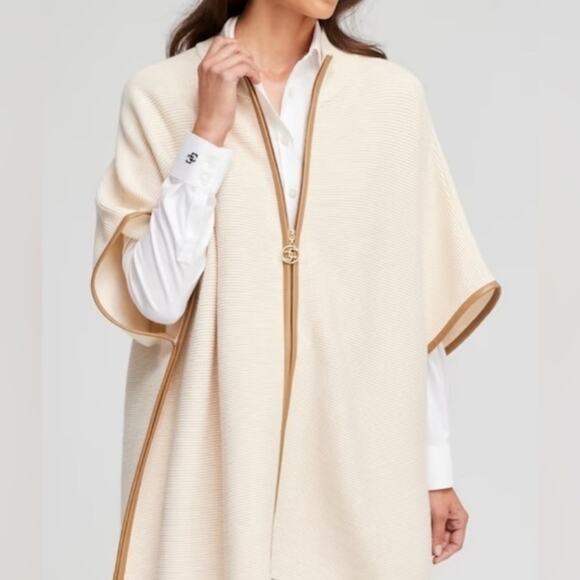 Chicos zip front ruana cream color poncho with gold zipper and faux leather trim - Picture 1 of 7